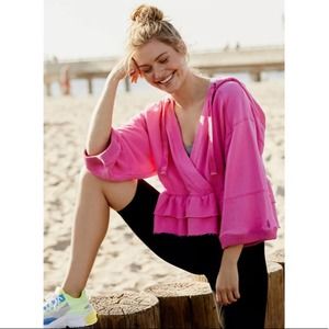 Free People Movement Ruffle V-Neck Sweater Crop Hoodie Wide Bell Sleeve XS NWT